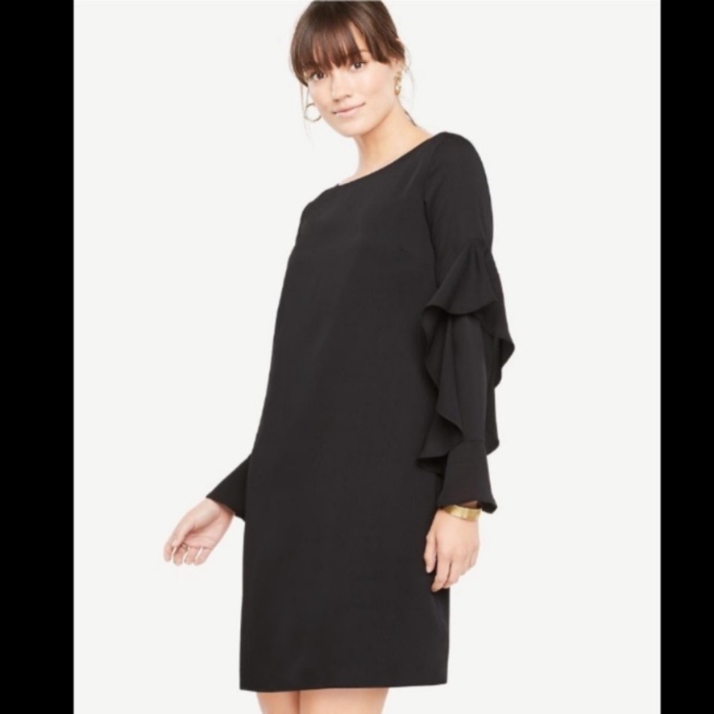 Ann Taylor black cascading ruffle sleeve dress